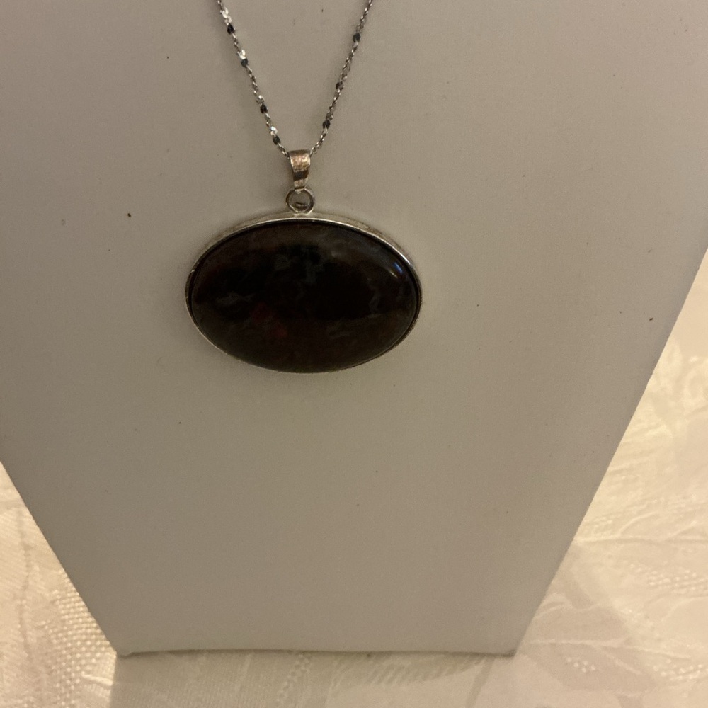 Dark Marbled Natural Oval Silver Tone Pendant Necklace